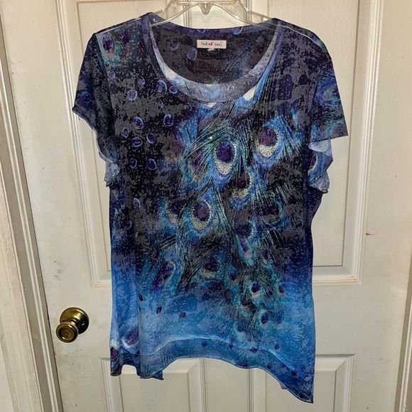 INDIGO SOUL Women’s Short Sleeve Peacock Feather Print Top. Sz XL - Picture 1 of 4